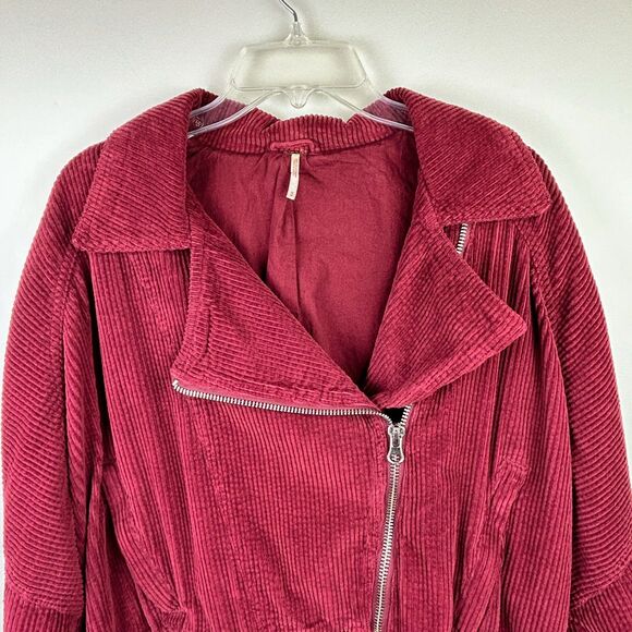 Free People Slouchy Dolman Moto Jacket Corduroy Burgundy Full Zip Lined Belted M - Picture 5 of 16